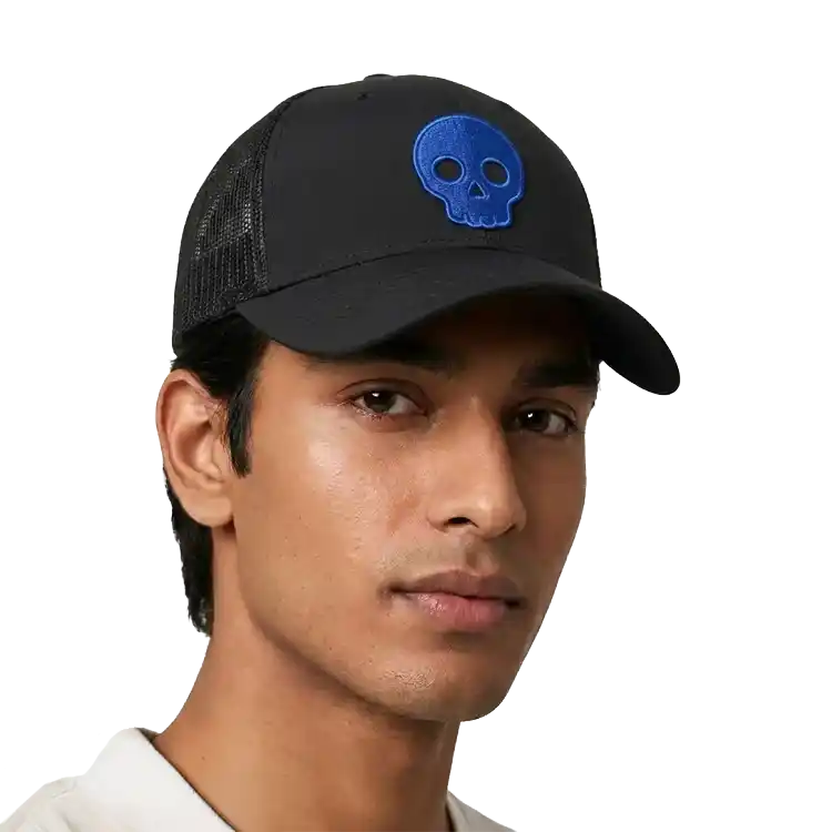 Black Ghostreet 6-panel mid-profile mesh trucker snapback cap angled male model