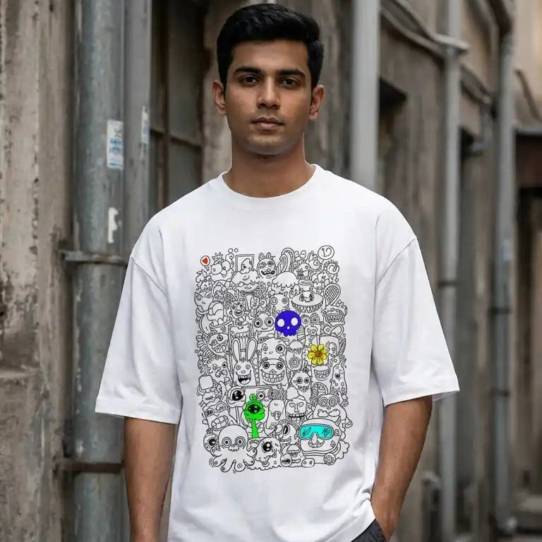 Ghostreet_quirky_doodle_oversize_tshirt_260GSM_male_model_front