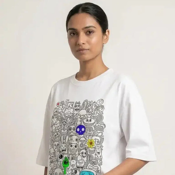 Ghostreet_quirky_doodle_oversize_tshirt_260GSM_woman_front face