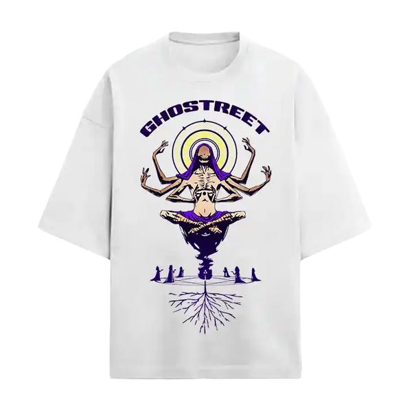 Ghostreet white oversized graphic t-shirt with multi-armed mystic phantom design in purple and yellow