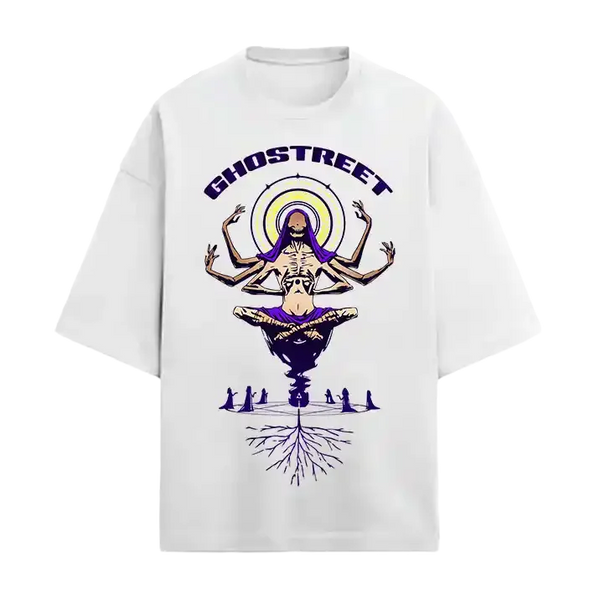 Ghostreet white oversized graphic t-shirt with multi-armed mystic phantom design in purple and yellow