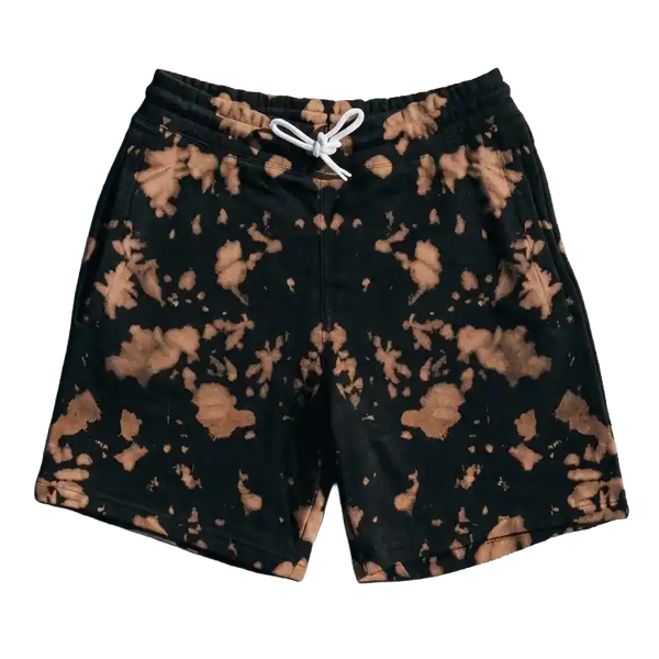 Front view of Ghostreet black and rust-brown bleach wash sweat shorts featuring an elastic waistband and white drawstring, laid flat on a black background.