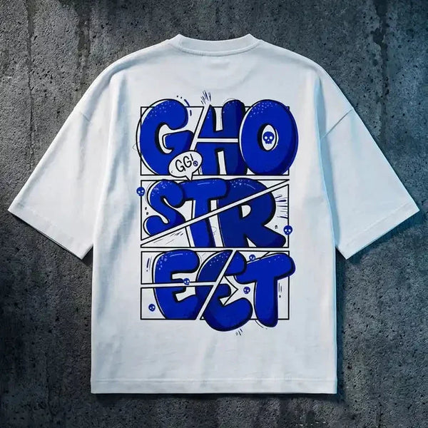 Bold Blue Comic Panel Ghostreet Typography Graphic on White Oversized T-Shirt Back View