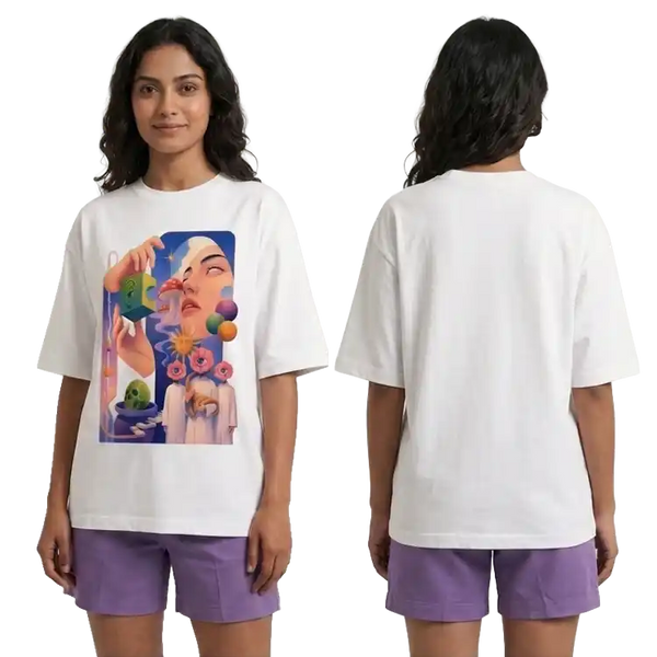 A model shown from the front and back wearing a white oversized graphic T-shirt and purple shorts against a plain white background.