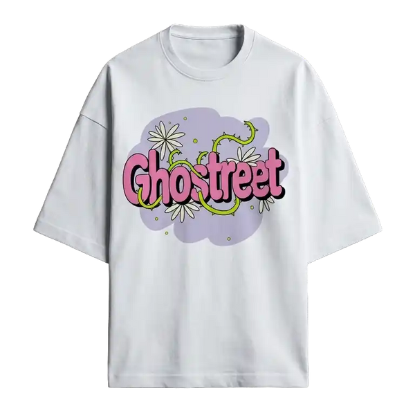 Ghostreet White Oversized T-Shirt featuring pink bubble logo with green thorns and daisies