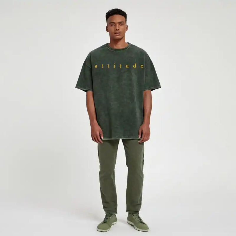 Acid Wash: Olive Green Attitude Oversized Tshirt - GHOSTREET 