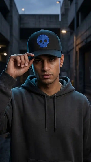 Black Ghostreet 6-panel mid-profile mesh trucker snapback cap front male model Look book — Photo 1