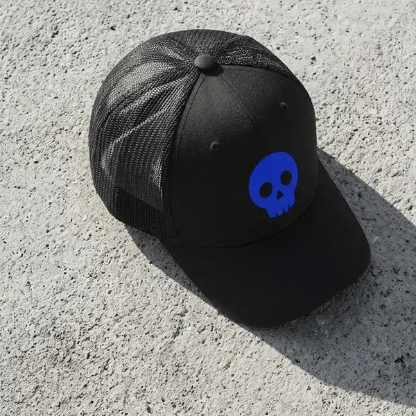 Black Ghostreet 6-panel mid-profile mesh trucker snapback cap angled view