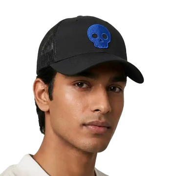 Black Ghostreet 6-panel mid-profile mesh trucker snapback cap angled male model
