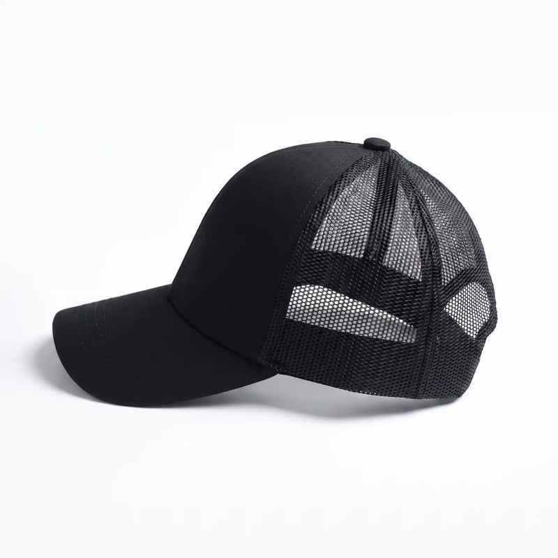 Black Ghostreet 6-panel mid-profile mesh trucker snapback cap side view