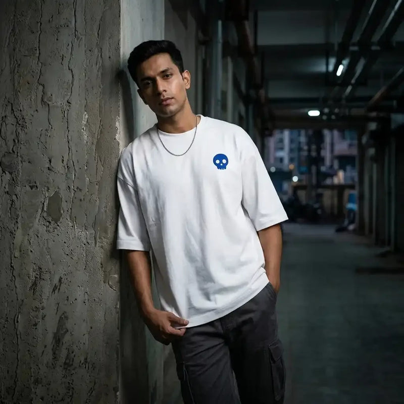 Blue Comic Ghostreet Typo White Oversized Tee Front Model
