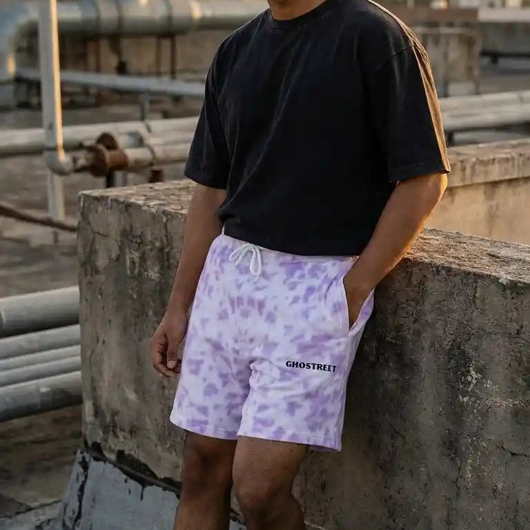 Blue and white unique tie-dye streetwear shorts for men_photoshoot