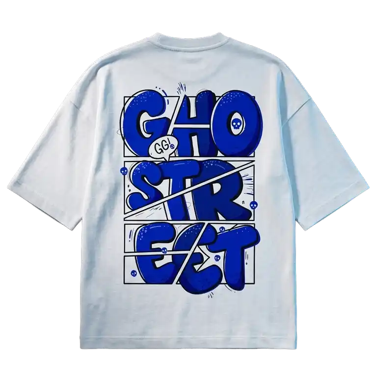 Bold Blue Comic Ghostreet Typo White Oversized T-Shirt 
