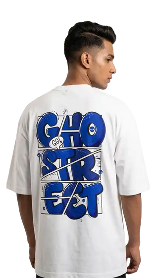 Blue Comic Ghostreet Typo White Oversized Tee Model — Photo 1