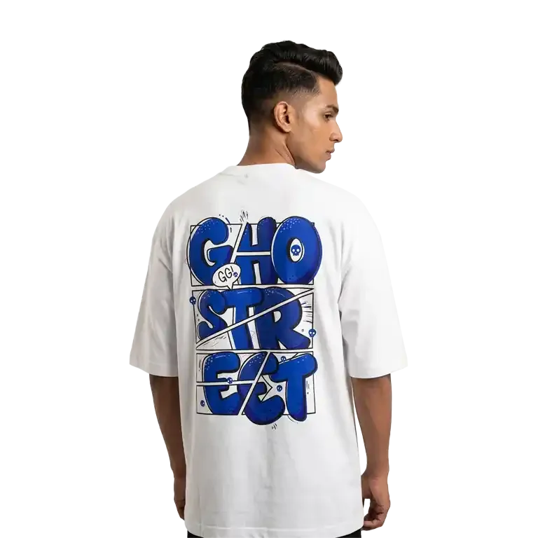 Blue Comic Ghostreet Typo White Oversized Tee Model