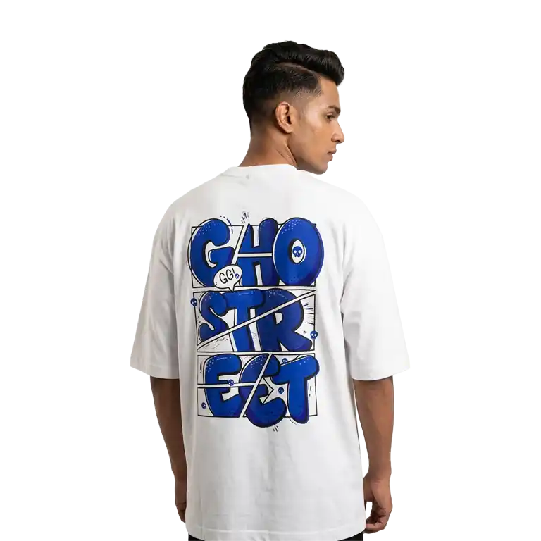 Blue Comic Ghostreet Typo White Oversized Tee Model