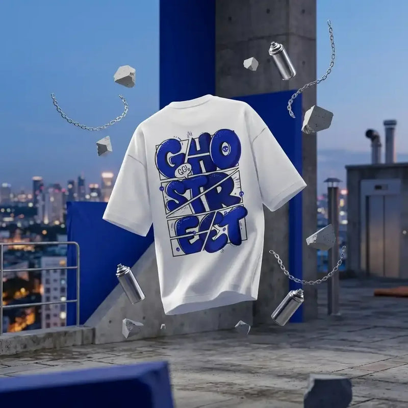 Bold Blue Comic Panel Ghostreet Typography Oversized T-Shirt Back View