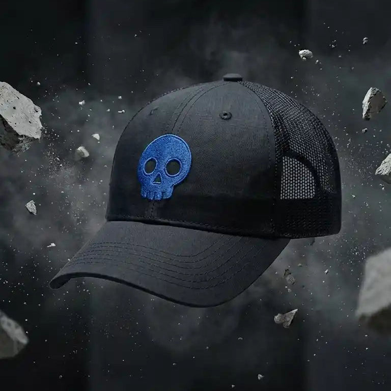 Black Ghostreet 6-panel mid-profile mesh trucker snapback cap angled view