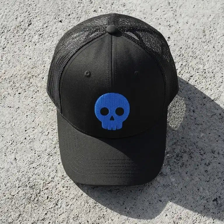 Black Ghostreet 6-panel mid-profile mesh trucker snapback cap top angled view