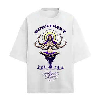 Ghostreet white oversized graphic t-shirt with multi-armed mystic phantom design in purple and yellow