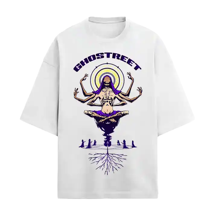 Ghostreet white oversized graphic t-shirt with multi-armed mystic phantom design in purple and yellow