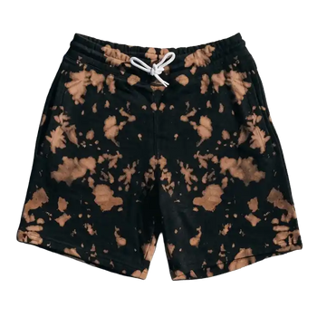 Front view of Ghostreet black and rust-brown bleach wash sweat shorts featuring an elastic waistband and white drawstring, laid flat on a black background.