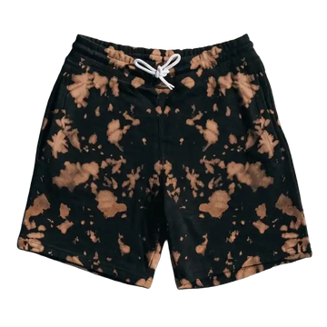 Front view of Ghostreet black and rust-brown bleach wash sweat shorts featuring an elastic waistband and white drawstring, laid flat on a black background.