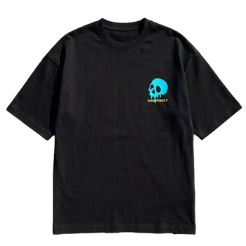 Ghostreet Black Oversized T-Shirt featuring a minimalist neon cyan dripping skull chest logo