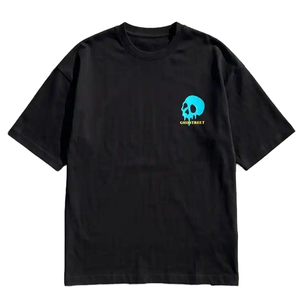 Ghostreet Black Oversized T-Shirt featuring a minimalist neon cyan dripping skull chest logo