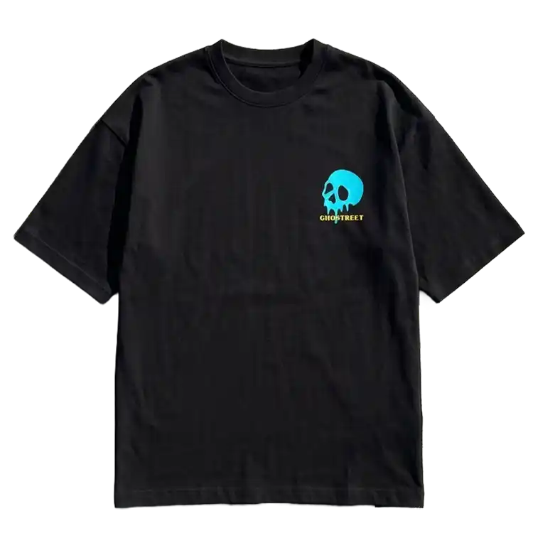 Ghostreet Black Oversized T-Shirt featuring a minimalist neon cyan dripping skull chest logo