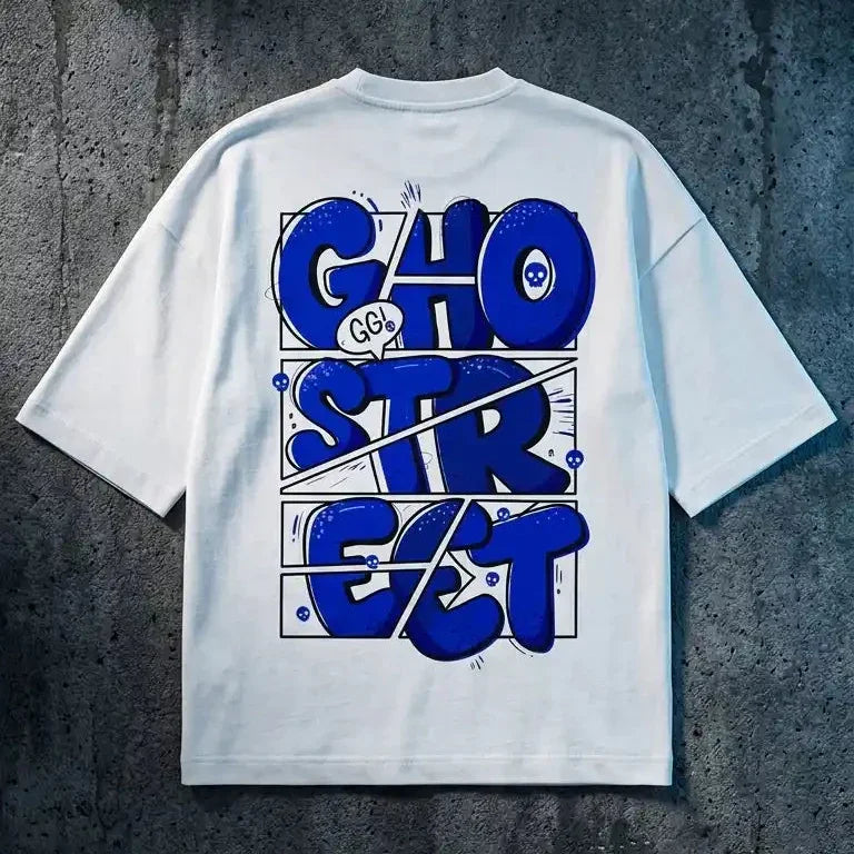 Bold Blue Comic Panel Ghostreet Typography Graphic on White Oversized T-Shirt Back View