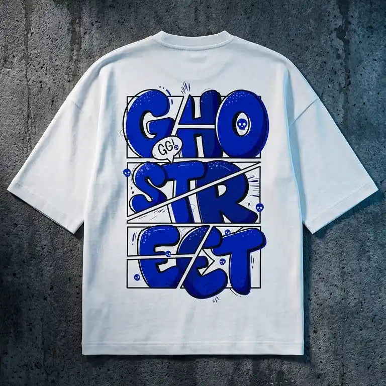 Bold Blue Comic Panel Ghostreet Typography Graphic on White Oversized T-Shirt Back View