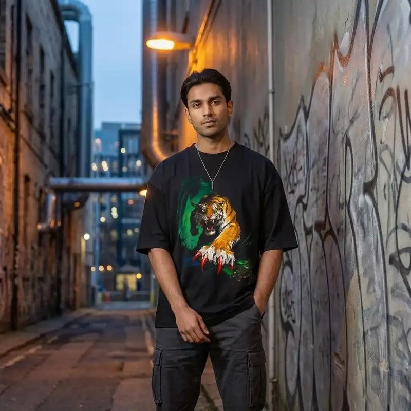 Model wearing Ghostreet Unisex Drop Shoulder Oversized Streetwear T-Shirt