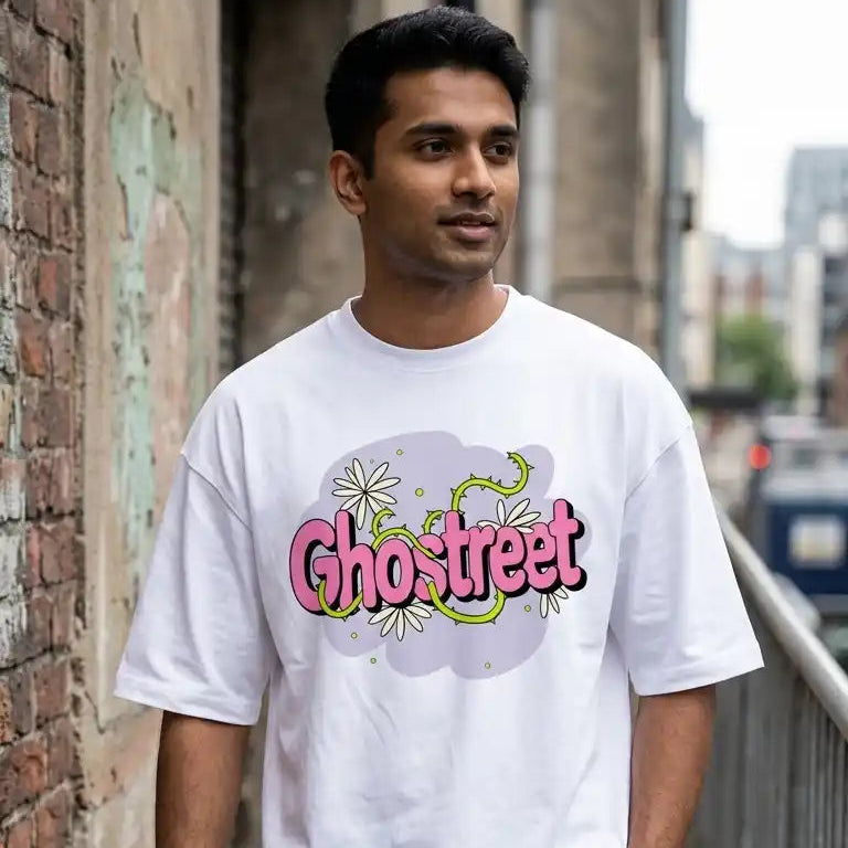 Street style shot of male model wearing Ghostreet white drop-shoulder floral vine t-shirt and cargo pants