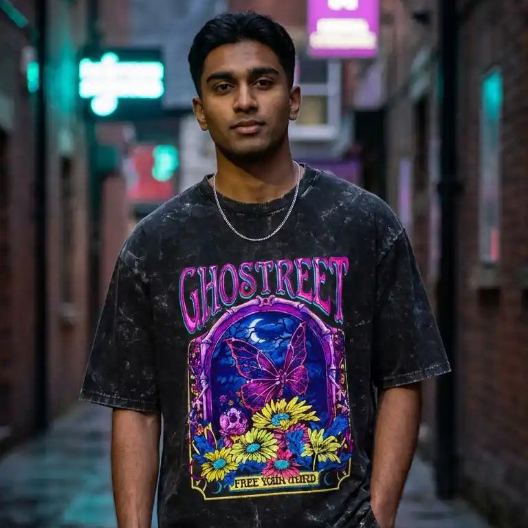 Ghostreet Vintage Black Acid Wash Oversized T-Shirt with Psychedelic Butterfly and Floral Graphic Male model neon light