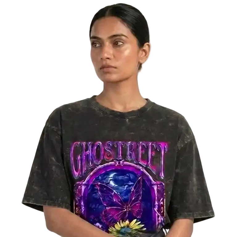 Ghostreet Vintage Black Acid Wash Oversized T-Shirt with Psychedelic Butterfly and Floral Graphic female model