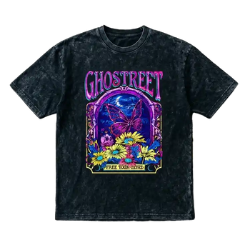 Ghostreet Vintage Black Acid Wash Oversized T-Shirt with Psychedelic Butterfly and Floral Graphic