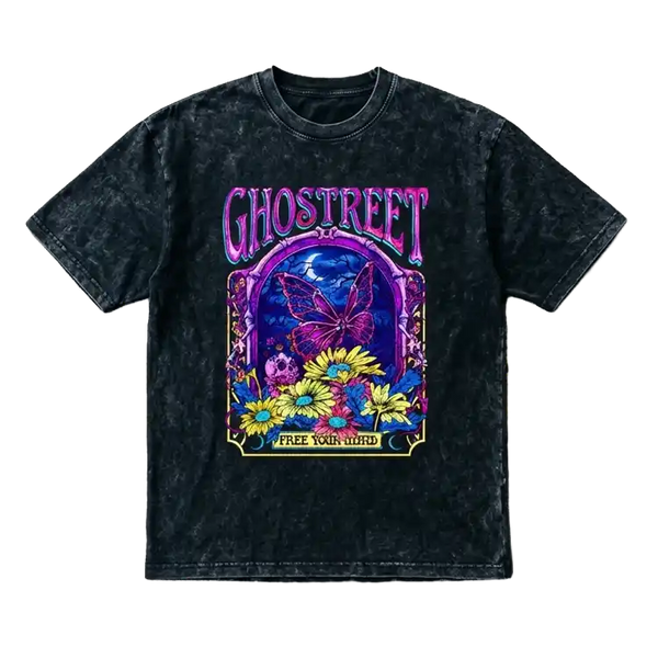 Ghostreet Vintage Black Acid Wash Oversized T-Shirt with Psychedelic Butterfly and Floral Graphic