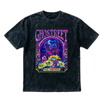 Ghostreet Vintage Black Acid Wash Oversized T-Shirt with Psychedelic Butterfly and Floral Graphic