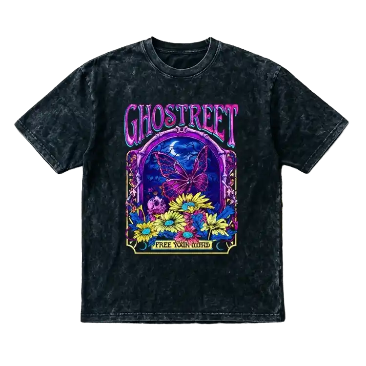 Ghostreet Vintage Black Acid Wash Oversized T-Shirt with Psychedelic Butterfly and Floral Graphic