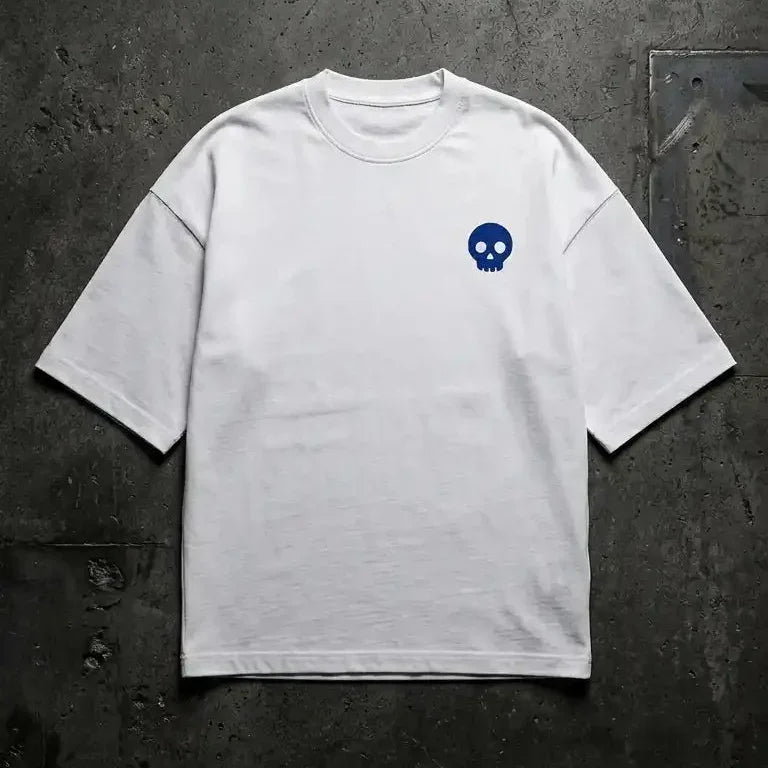 Ghostreet White Oversized T-Shirt with Blue Skull Chest Logo Front View