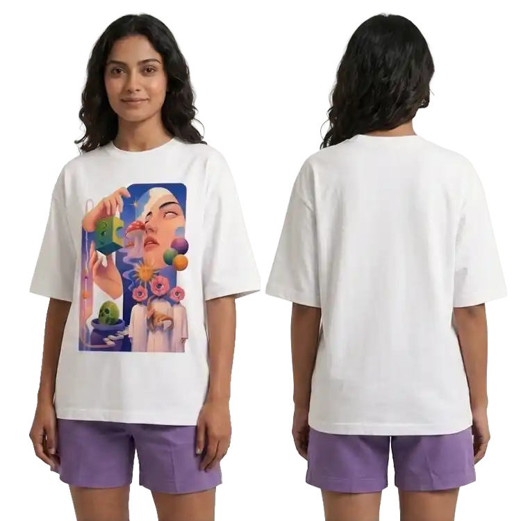 A model shown from the front and back wearing a white oversized graphic T-shirt and purple shorts against a plain white background.