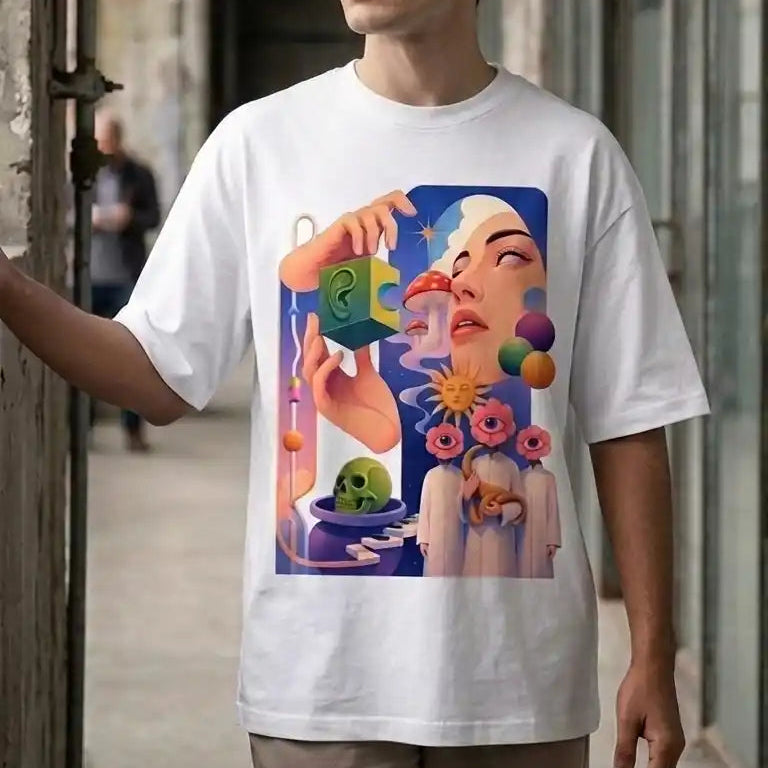A man wearing a white crewneck t-shirt with a colorful surreal graphic print of a woman's face, flowers, and a green creature, standing in an industrial corridor.