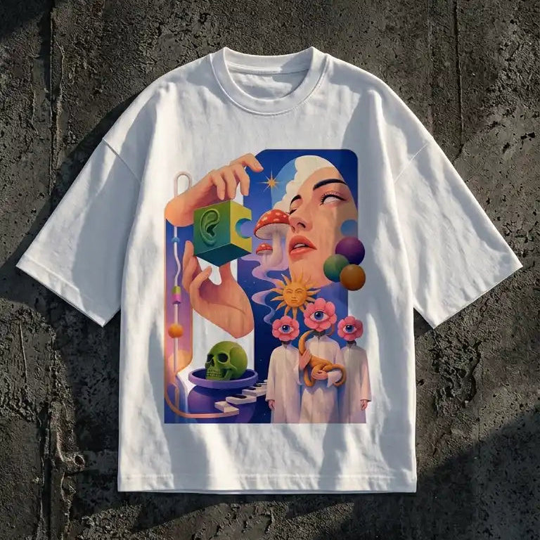 A white short-sleeve crewneck t-shirt with a colorful surreal graphic print, laid flat on a dark textured concrete wall under direct sunlight.