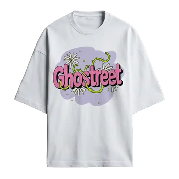 Ghostreet White Oversized T-Shirt featuring pink bubble logo with green thorns and daisies