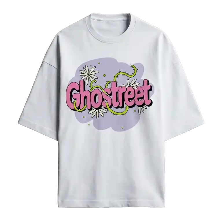 Ghostreet White Oversized T-Shirt featuring pink bubble logo with green thorns and daisies