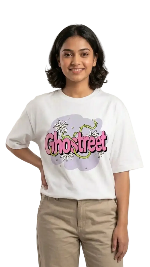 Female model wearing Ghostreet white drop-shoulder floral graphic t-shirt